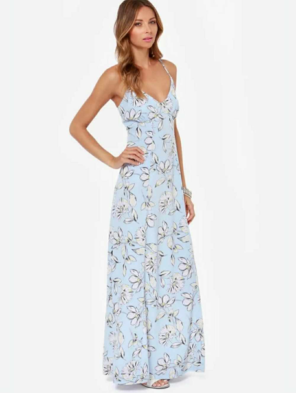 BB Dakota Elvya Pale Blue Floral Slip Maxi Dress Medium Zip Feminine Sz 6 Small